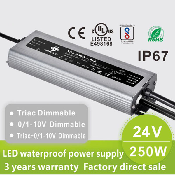 AC110V/220V DC24V 250W 10.4A UL-Listed LED Waterproof IP67 Triac and 0/1-10V Dimmable LED Dimming Power Supply